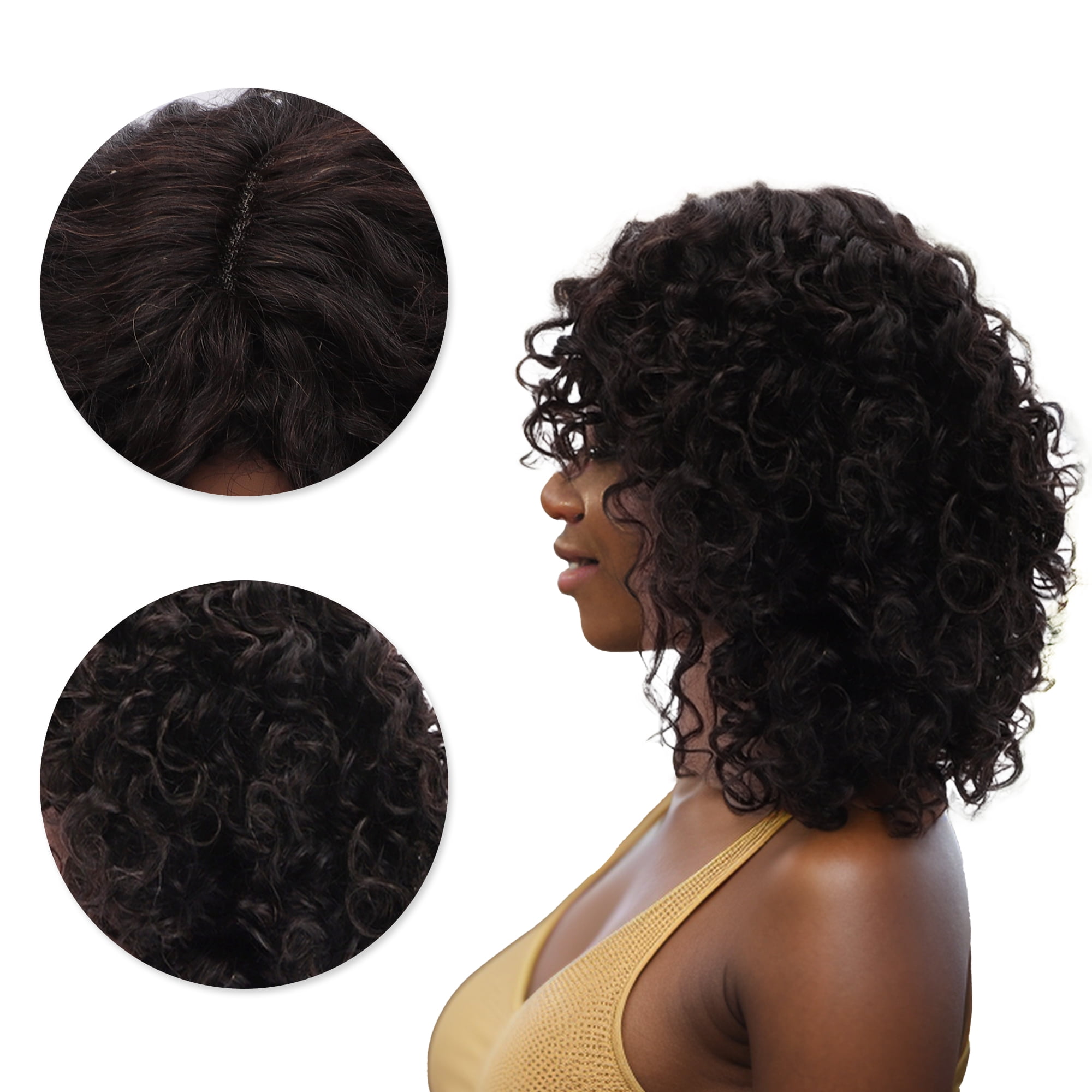 Unique Bargains 1 Pc Bangs Medium Wave Curly Hair Hair Wig Real Human Hair 12in 2x4in 150 Human Wig Black for Women