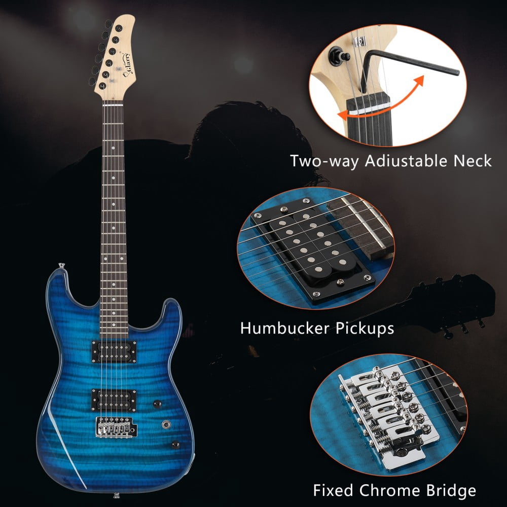 6-String Electric Guitar with 20W Amplifier, H-H Pickup GST Stylish Tiger Stripe Electric Guitar Kit with Bag/Strap/Tremolo Arm/Amp Wire/Wrench Tool (Blue)