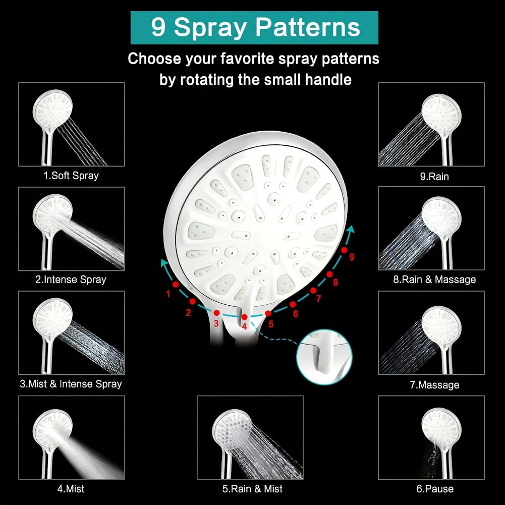 Shower Head with Hose, 8'' High Pressure Rain Shower Head, Handheld Shower Head Combo with 11'' Extension Arm, 9 Spray Settings Adjustable Shower Head with Holder, Height/Angle Adjustable, Chrome