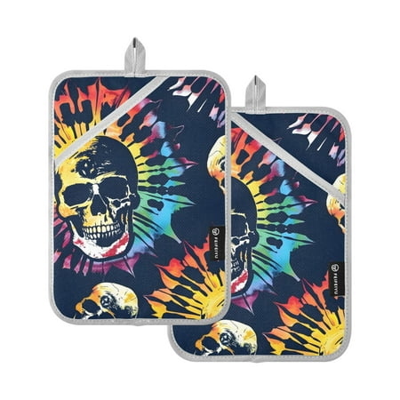 

Pot Holders Set of 2 Heat Resistant 338℉ Kitchen Oven Gloves Potholder Cooking Baking Microwave Mitts Skull Skeleton Tie Dye