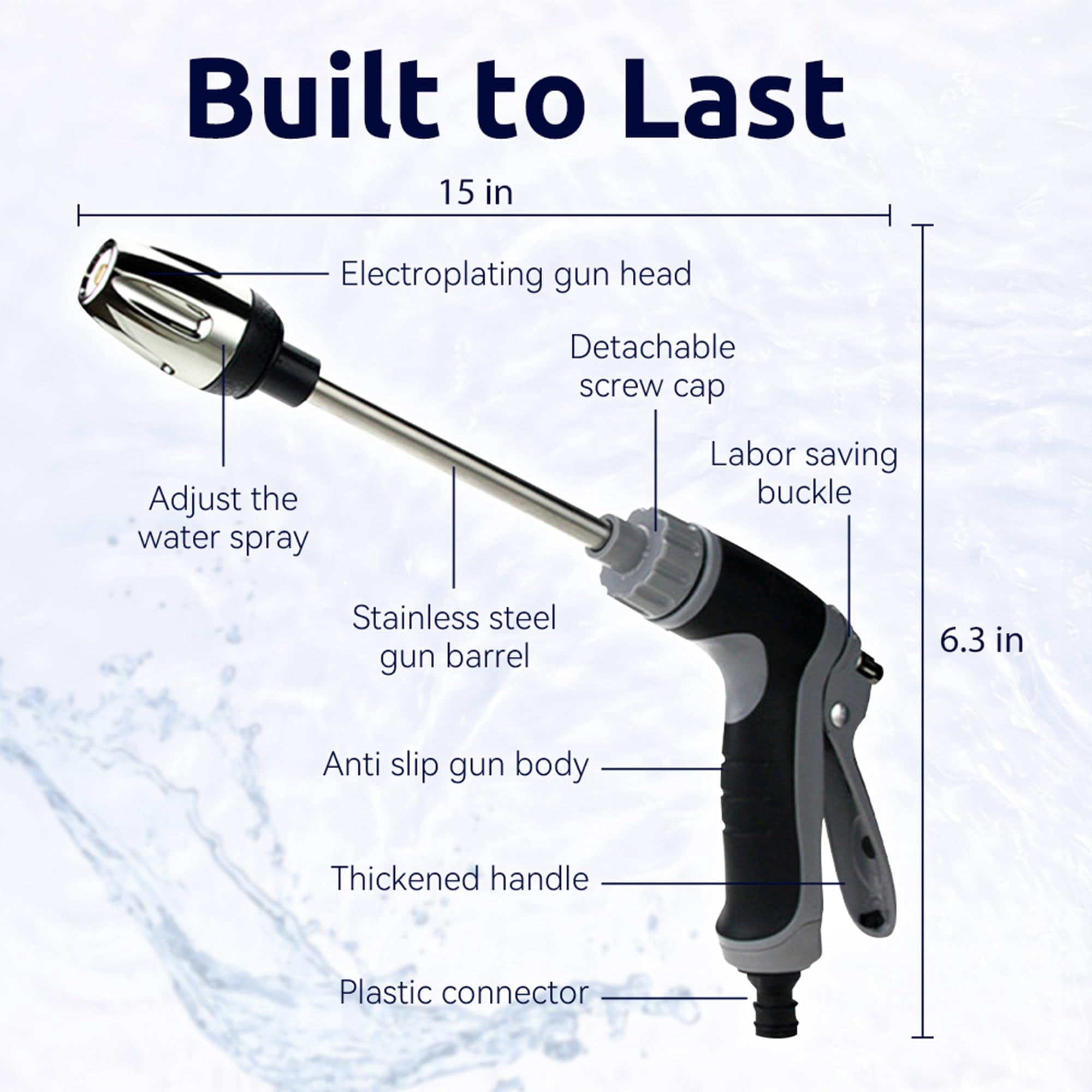 Garden Hose Nozzle Fits 1.18" Faucets & 1/2"–3/4" Hoses, 3 Spray Modes, 360° Adjustable Spray, Lock-On Trigger Reduces Fatigue, Durable Stainless Steel for Cars & Patios