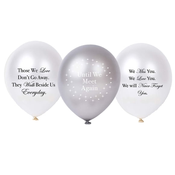 30PC Biodegradable Remembrance Balloons: White & Silver Personalizable Funeral Balloons for Balloon Releases & Sympathy Gifts | Created/Sold by AMERIBA, a USA company (Variety Pk White, Black Writing)