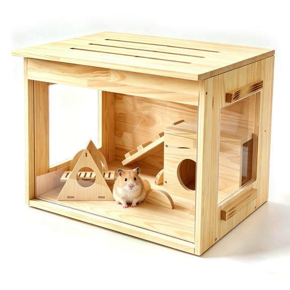 Solid Wood Hamster Cage with 3-Sided Acrylic View & Vented Lift-Off Top - Well-Ventilated Habitat for Small Pets, Includes a Cozy Hideout - Tall Deep DIY-Friendly Interior & Clear Panoramic Viewing