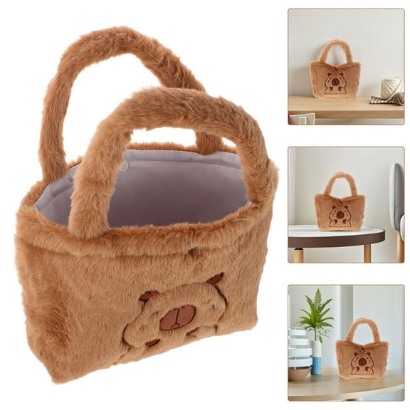 HONITANO 1Pcs Cute Handbag Plush Shoulder Bag Brown Fuzzy Fabric For Daily Errands