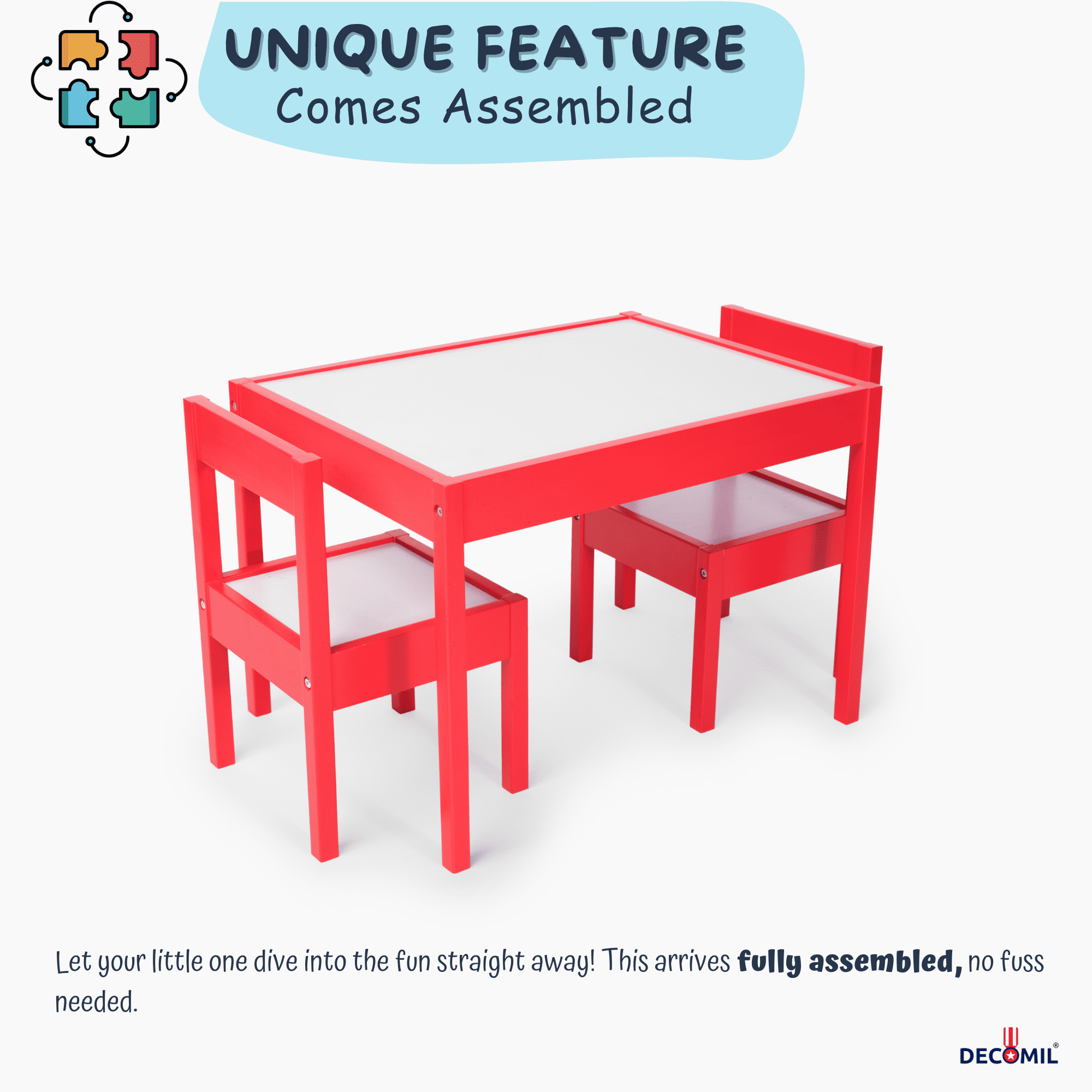 DECOMIL Kids Wooden Table and Chairs, 3 Pieces Set Includes 2 Chairs and 1 Activity Table, Picnic Table with Chairs (Red)