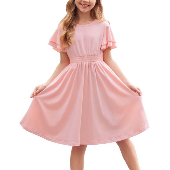 Arshiner Girl's Casual Dress Summer Scoop Neck Short Sleeve Flowy A-Line Dress