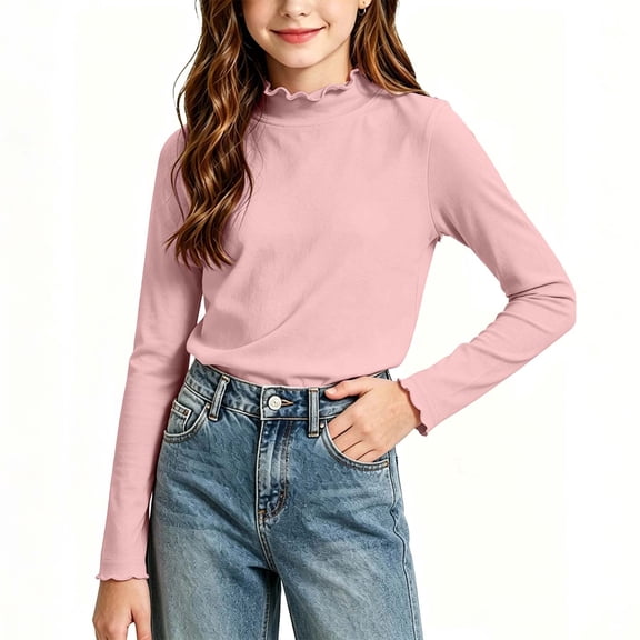 Khunlpohl Girl's Casual Tops Ruffled Mock Neck Solid Color Shirts Fall Long Sleeve Undershirts for Kids 1-13 Years