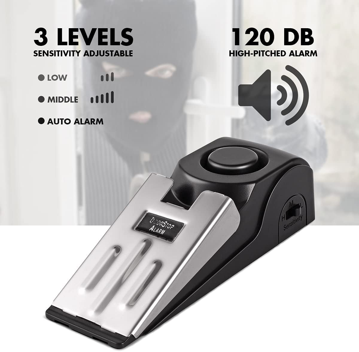 Syenll Door Stop Alarm, 2 Pack Door Stopper with 120DB Security Alarm, Door Security Devices for Home Travel, Black