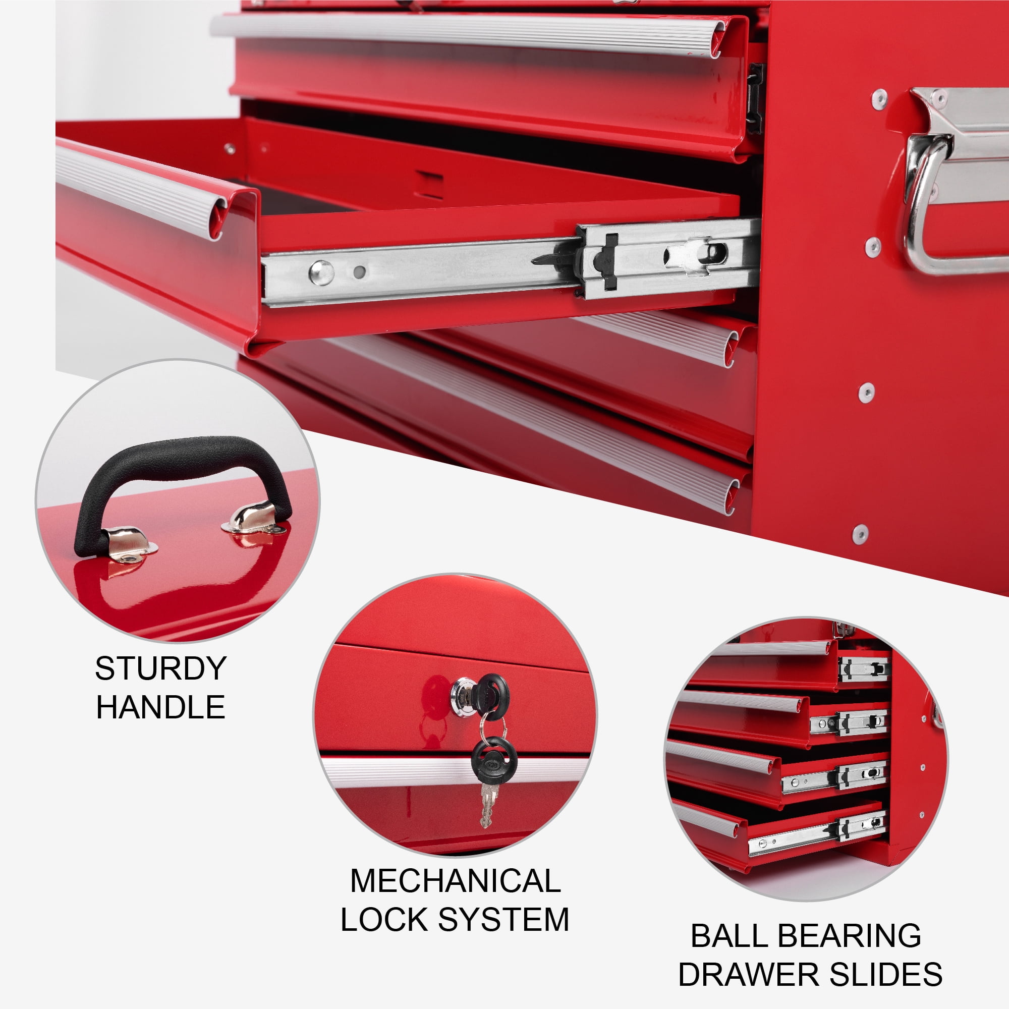 Aukfa Tool Box, 21 in Steel 4-Drawer Toolbox with Automatic Lock System for Garage, Red