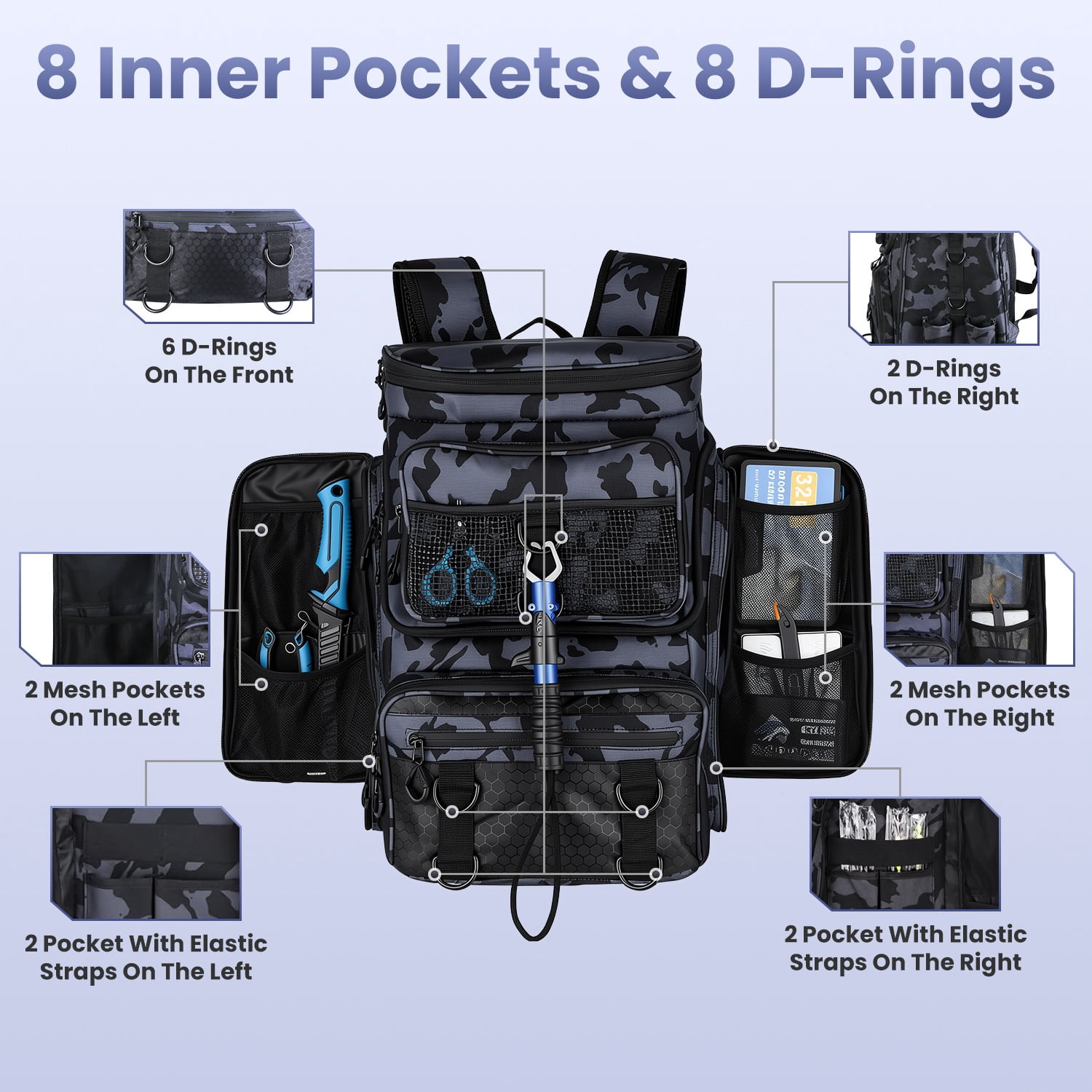 Teqhome 42L/11Gal Fishing Backpack Fishing Tackle Backpack Waterproof 16-Pocket Rod Holders Divider Adjustable Padded Straps Water-Resistant for Fishing Gear Outdoor Camping Hiking