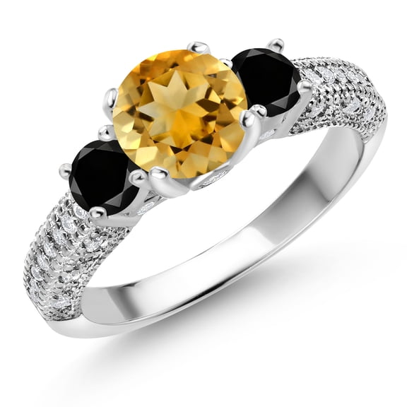 Gem Stone King 925 Sterling Silver Yellow Citrine Black Diamond and White Moissanite Engagement Ring for Women (1.92 Cttw, Gemstone November Birthstone, Round 7MM and 4MM, Size 7)