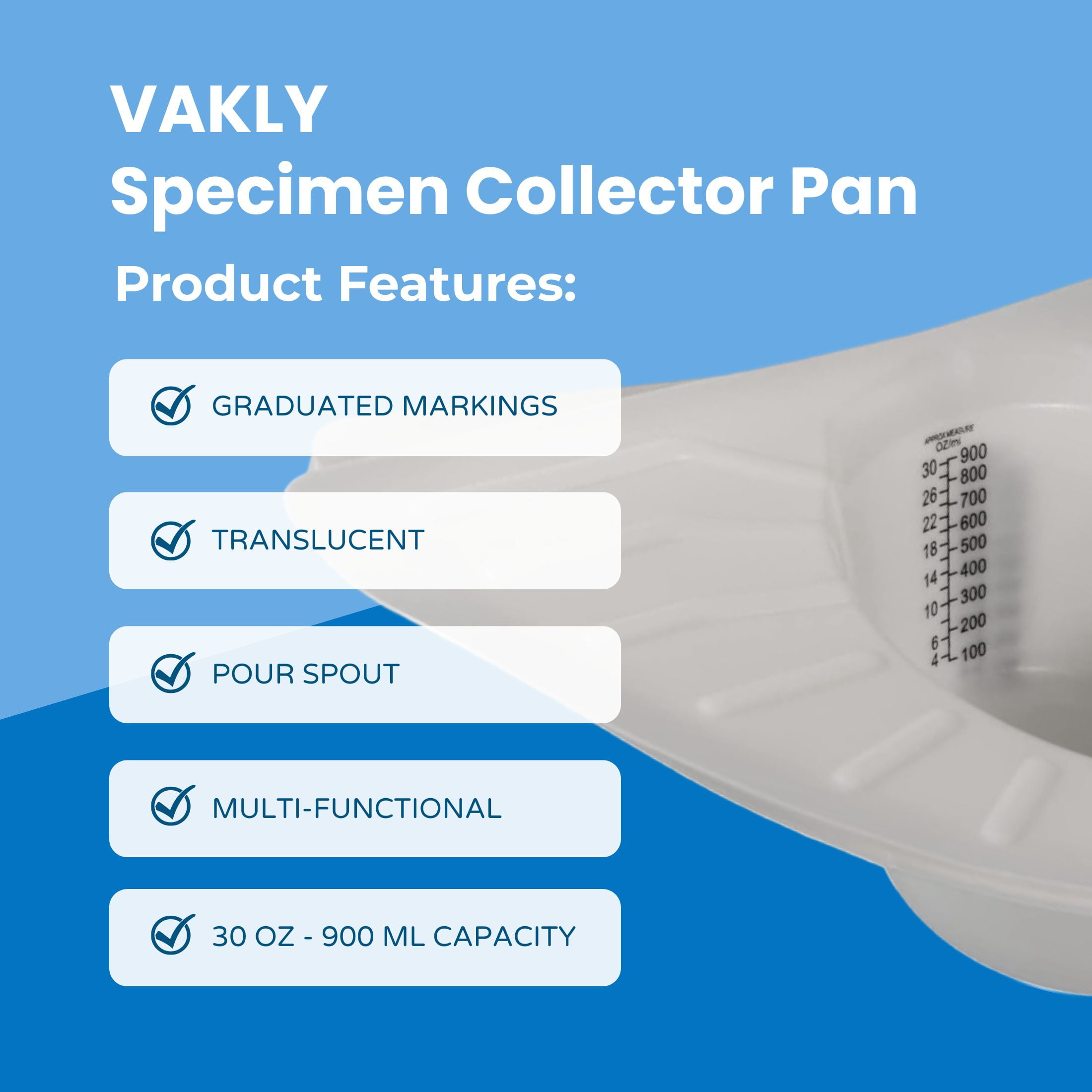 Vakly Graduated Collector Pan - Plastic Toilet Hat for Urine & Stool Specimen Collection, 30 oz