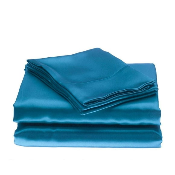 Bedify Bedding 100% Pure Silk Satin Sheet 4pcs, Silk Fitted Sheet 15" Deep Pocket Mattress fit,Silk Flat Sheet&Silk Pillowcases Cool Soft Silk Sheets|Wrinkle Free Fade Resistant Twin XL Turquoise Blue