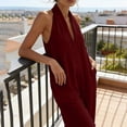 thumbnail image 6 of Beach Vacation Jumpsuits for Women Halter Neck Sleeveless Linen Rompers Summer Travel Wide Leg Jumpsuit Wine, 3XL, 6 of 7