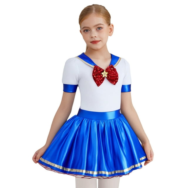 Yhong Robe Bouffante à Manches Courtes pour Fille, Uniforme de Marin, Fini Métallisé Lustré, avec Boutons à l'Entrejambe Intégrée, Culotte Bleu Royal 14