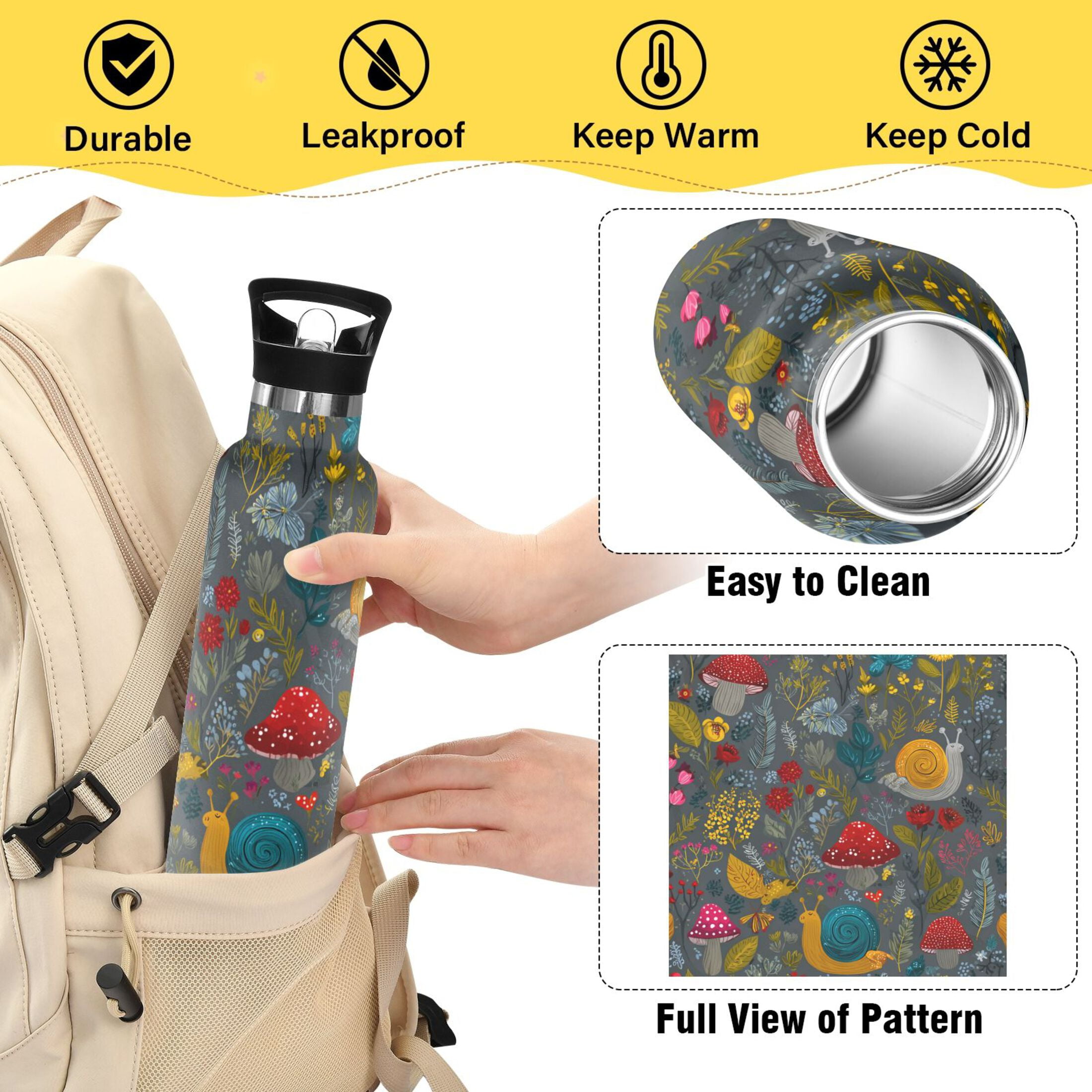 Kids Insulated Stainless Steel Sports Water Bottle 600ml (20oz) Cute Snails and Mushrooms