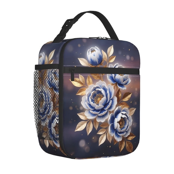 White Rose Lunch Bag Insulated Reusable Cooler Tote Portable Meal Prep Bag Side Mesh Pocket Work Office Picnic