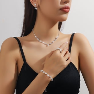 Elegant V-Shape Crystal Wedding Jewelry Set For Bride - Necklace, Earrings & Bracelet Set For Bridesmaids, Prom