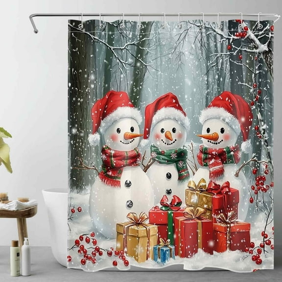 HVEST Christmas Snowman Shower Curtain with Cute Snowman and Snowflake Gift Design - Winter Forest Bathroom Decor, Waterproof Polyester Fabric, Includes 10 Hooks, 60x72 Inches