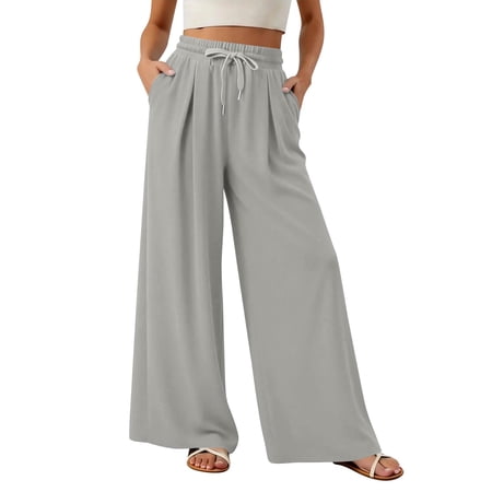 GIPQJK Womens Wide Leg Palazzo Pants Elastic High Waist Casual Loose Work Trousers Adjustable Tie Knot Cropped Summer Pants with Pockets Light Gray L