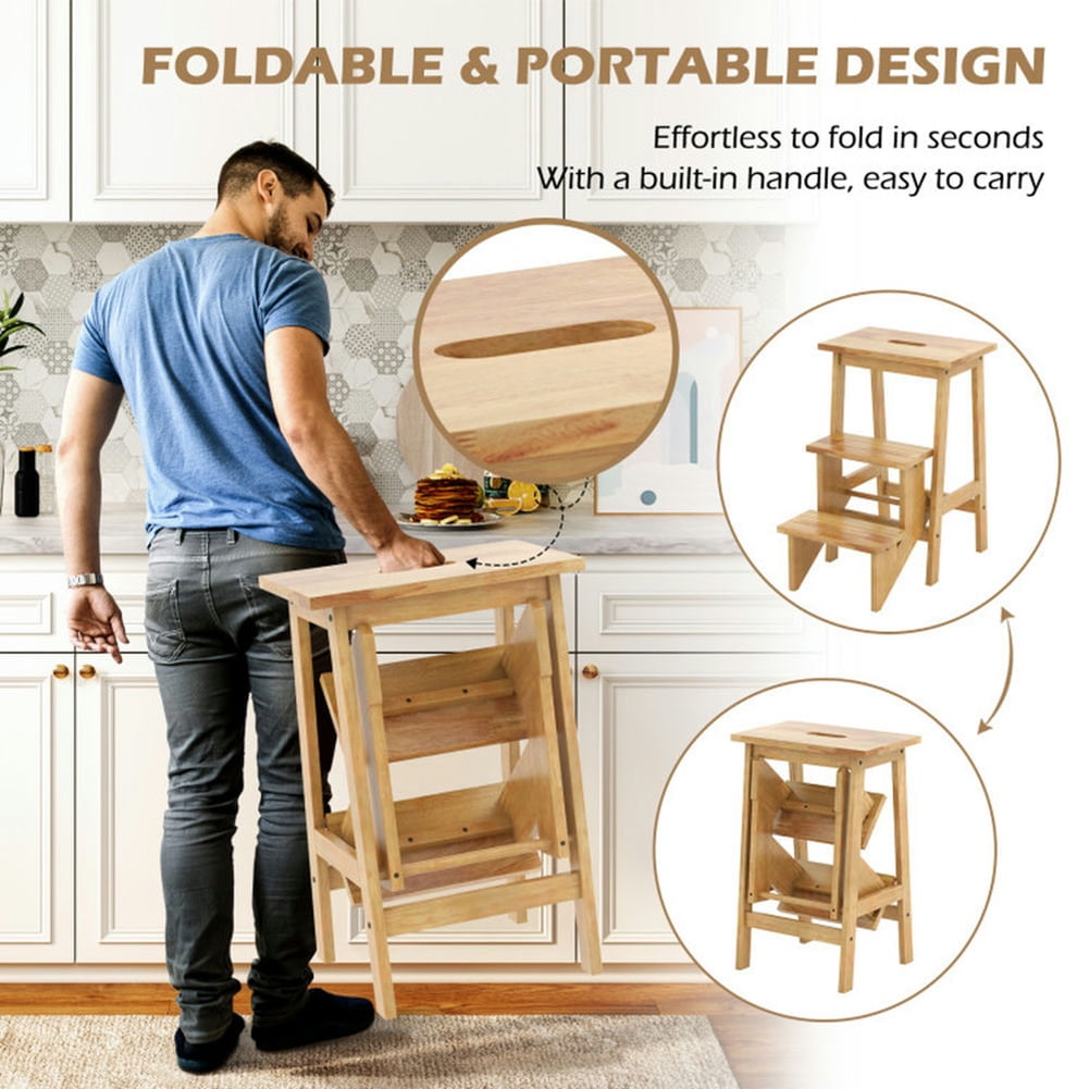 Kadyn Step Stool,3-in-1 Rubber Wood Step Stool with Convenient Handle-Natural