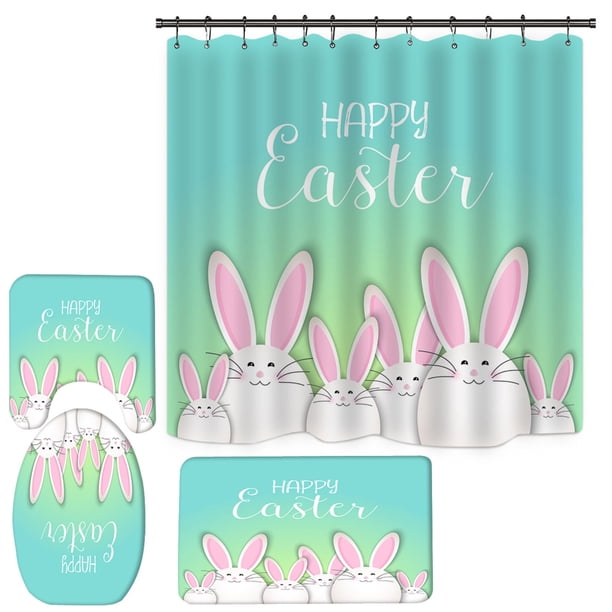 Cortina de ducha decorativa de Pascua 2024; juego de cuatro piezas para baño; cortina de ducha de conejo; juego de decoración; cortina de ducha impermeable Alfombrilla antideslizante