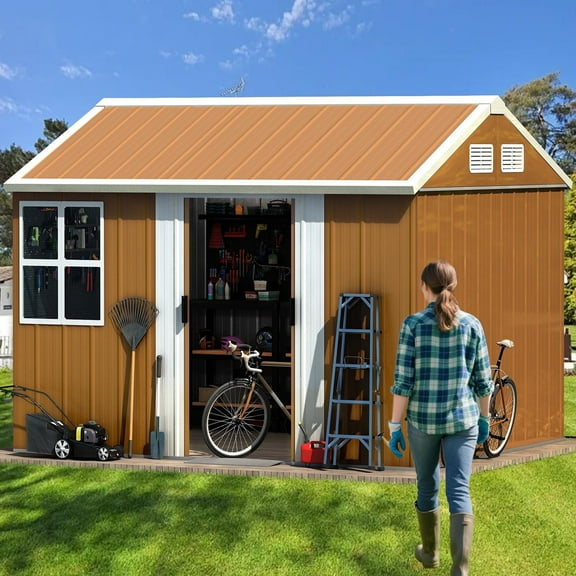8X10 FT Heavy-Duty Outdoor Storage Shed with Windows, Metal Garden Tool Shed with Lockable Door & Ventilation, outside storage for Backyard, Lawn, Patio,Yard, bike,Brown