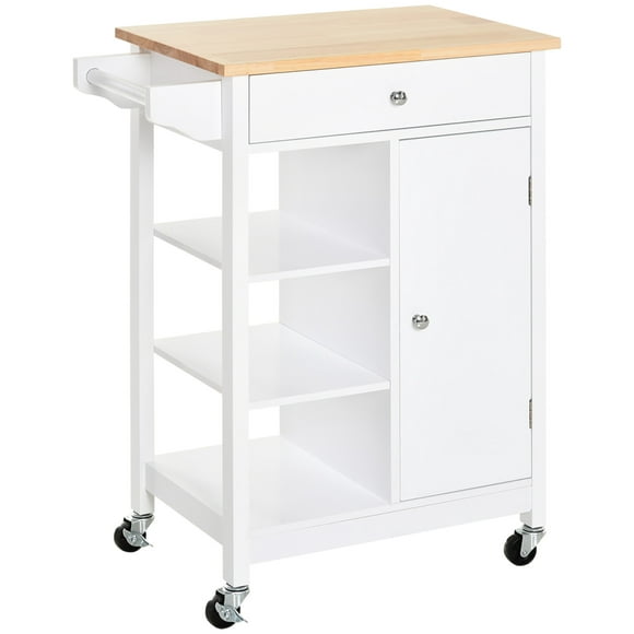 HOMCOM Kitchen Cart, Coffee Bar Cart on Wheels, Wood Top Small Kitchen Island with Storage Cabinet, Drawer, and Shelf, White