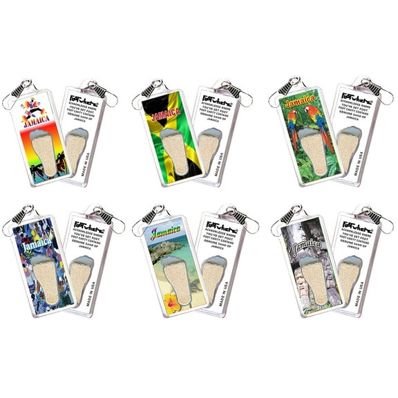 Jamaica FootWhere® Souvenir Zipper-Pulls. (JM300 - Assorted) 6 Piece Set.