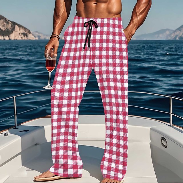Pantalones de pijama largos para hombre, informales, con estampado a cuadros, holgados, deportivos, elásticos, rectos, vintage, con bolsillos