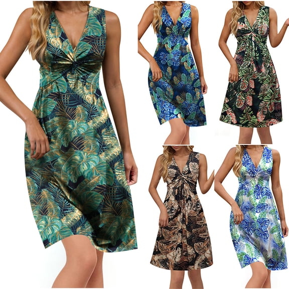 Fengqque Women's Beach Mini Dress V Neck A Line Sleeveless Tropical Leaf Pattern Summer Dresses Light Blue XL(XL)