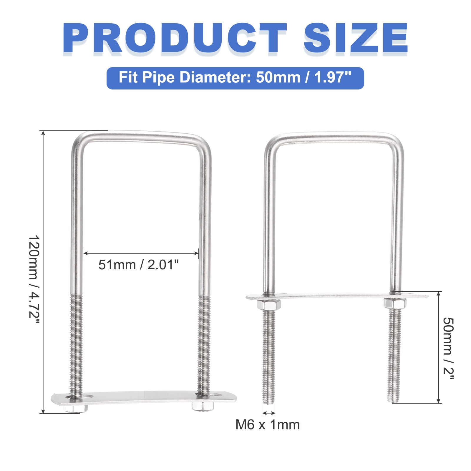 Uxcell 6 Sets M6 Square U-Bolts, 2.01" Inner Width 4.72" Length 304 Stainless Steel U Clamp Bolts with Nuts, Plates and Wrench