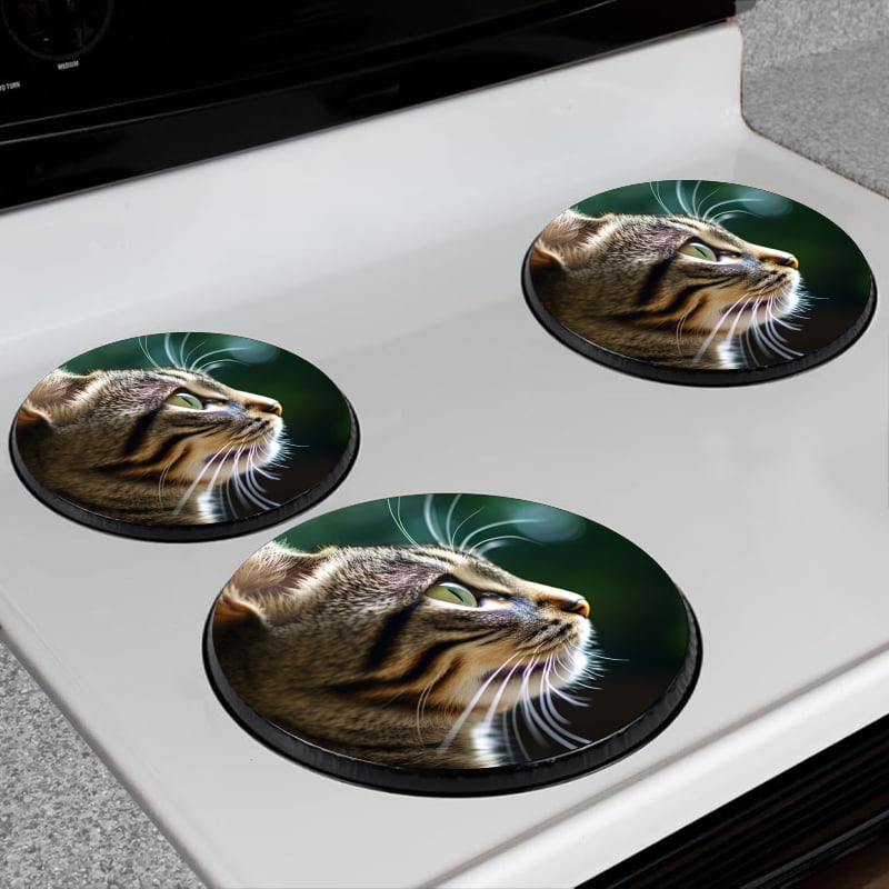 BaHomeck Electric Stove Burner Covers Set of 4,Round Metal Gas Stove Burner Covers 8 Inch and 10 Inch,Kitchen Decor,American Shorthair Cat'S Head And Looking Up At The Sky