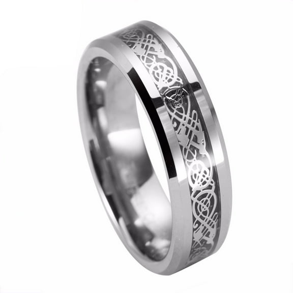 6mm For Men or Ladies - Celtic Knot Dragon over Black Carbon Fiber Inlay Tungsten Carbide Wedding Band Ring