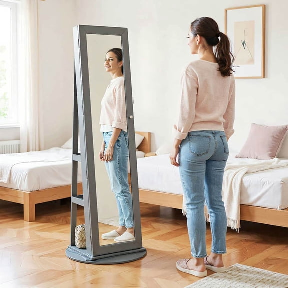 Yardi Yarda 360° Swivel Jewelry Armoire with Storage Shelves, Lockable Jewelry Cabinet with Full-Length Mirror for Indoor, Gray