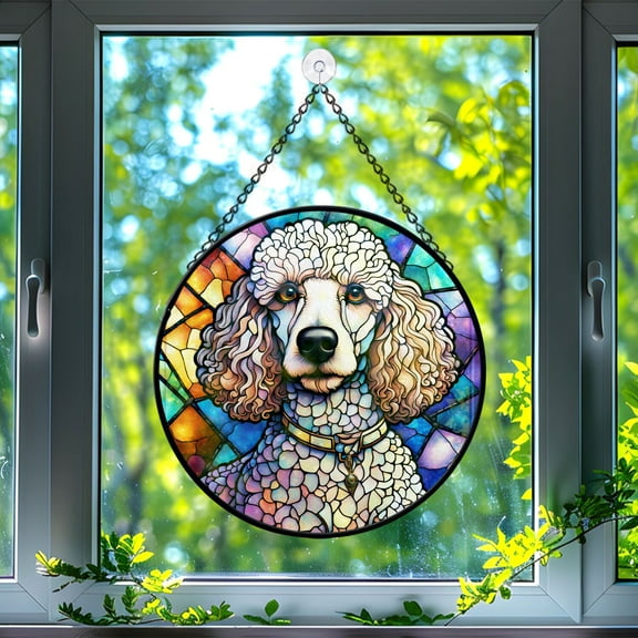 Pawberry Poodle Window Hanging Stained Glass, Poodle Dog Suncatchers for Windows Stained Glass, Stained Glass Poodle suncatcher