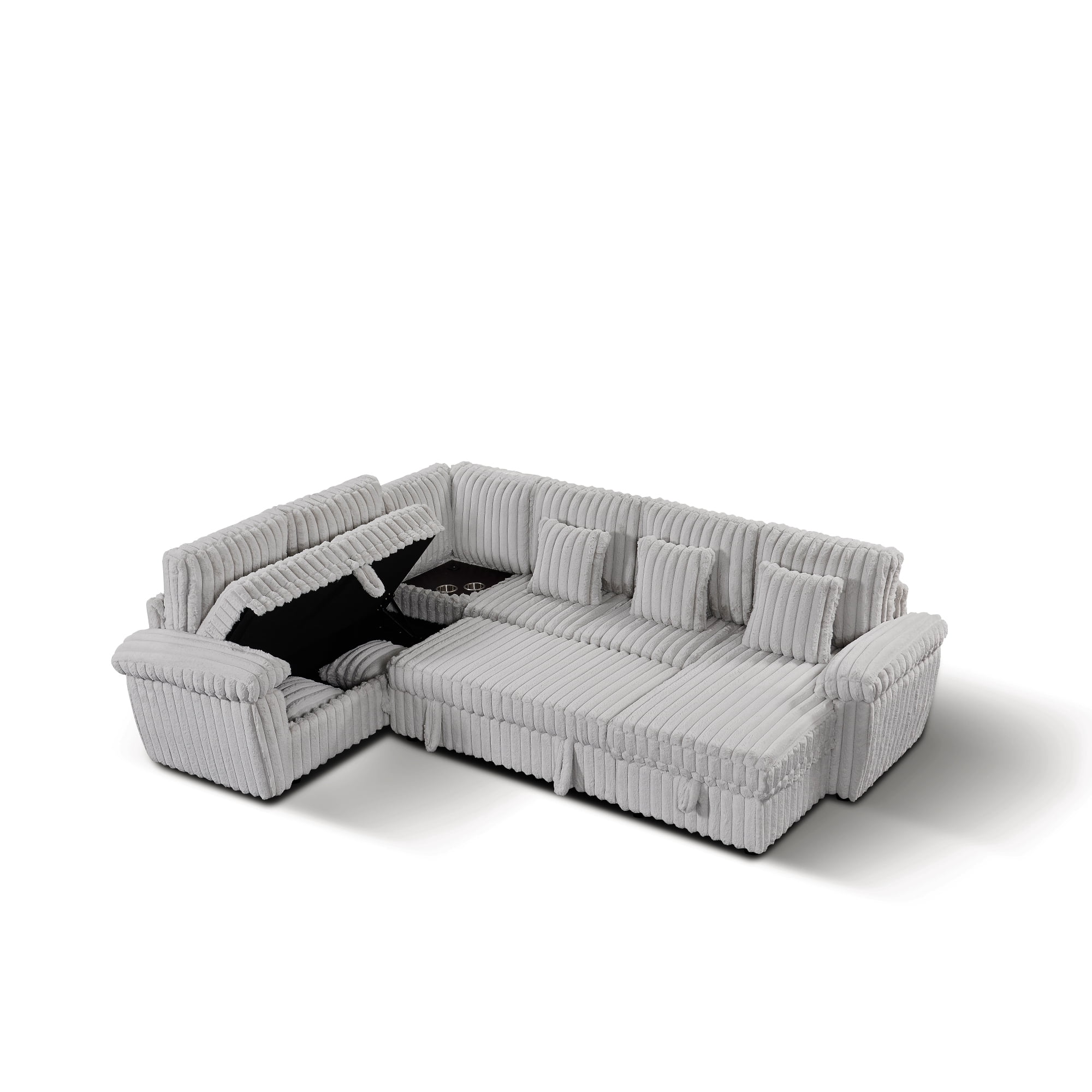 103" U-Shaped Corduroy Sectional Sofa with Pull-Out Sleeper Bed and Storage Chaise, Soft Plush Modular Sofa Couch with Corner Table with Cup Holders and USB Port for Living Room