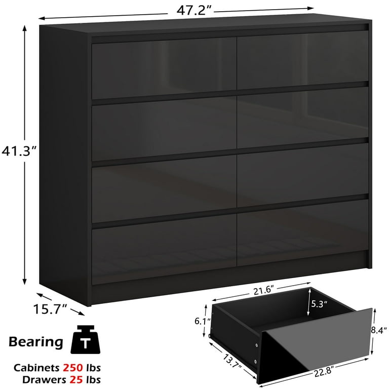high gloss black dresser Sikaic Dresser Wide Dresser with LED Lights 6 Drawers Black Modern