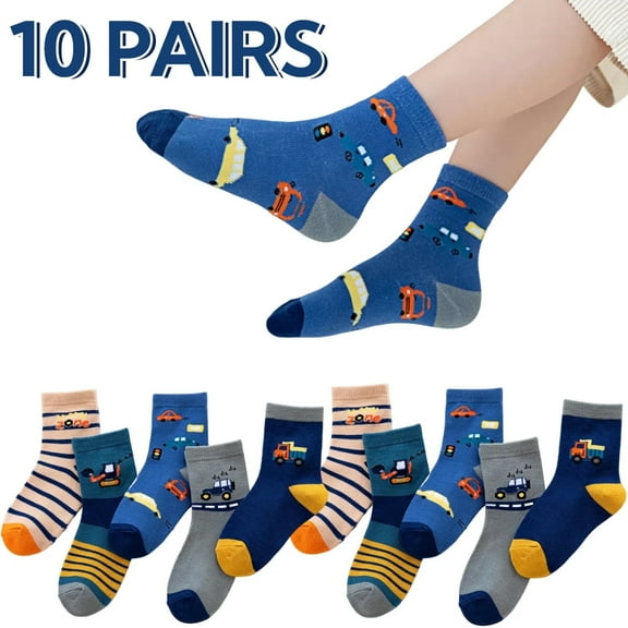 Boys Socks Cute Cartoon Mid-Calf Socks 10 Pairs, Sport Ankle Athletic Socks Breathable Cotton Socks Crew Socks for Infants Toddlers Kids Ages 3-5