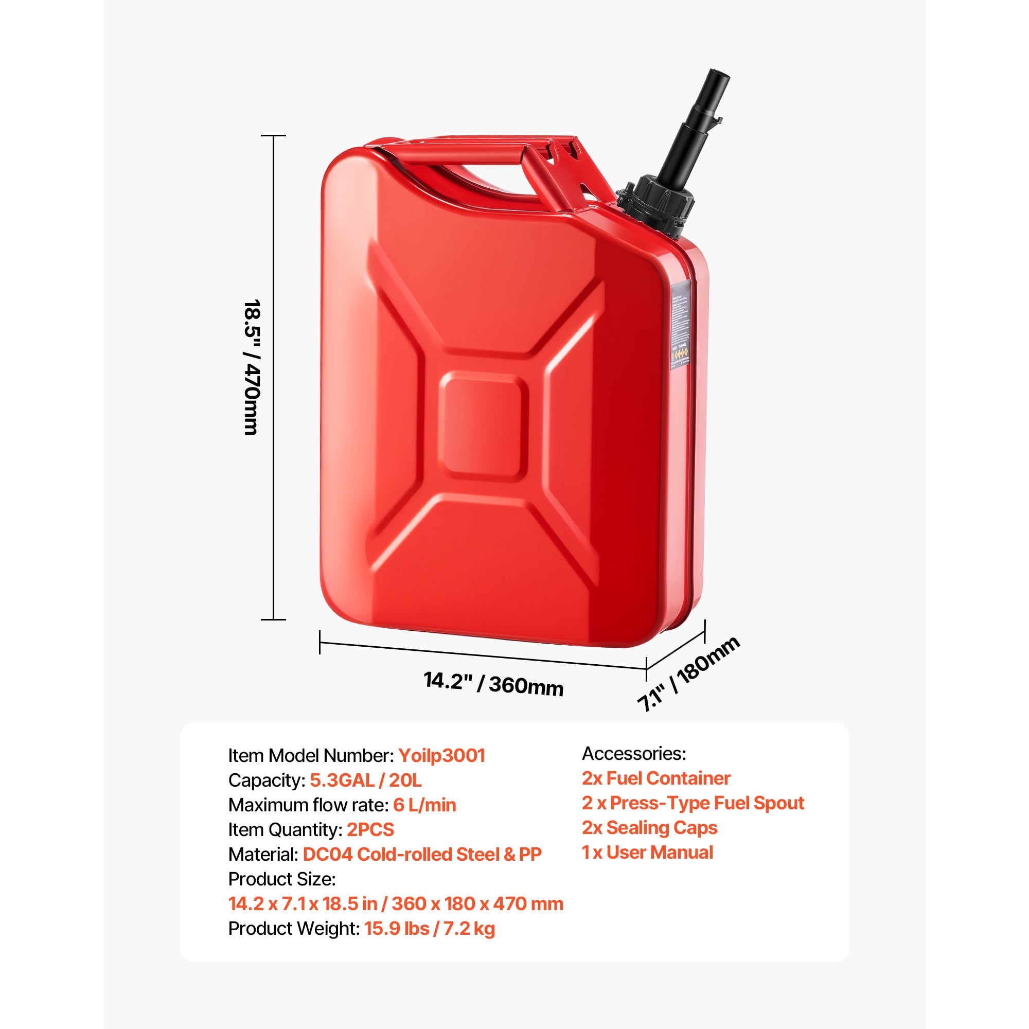 KFFKFF 5.3 Gallon Metal Fuel Container with Spout and Handle, Durable Leakproof Gas Tank for Cars, Motorcycles, ATV, UTV, Red, Set of 2