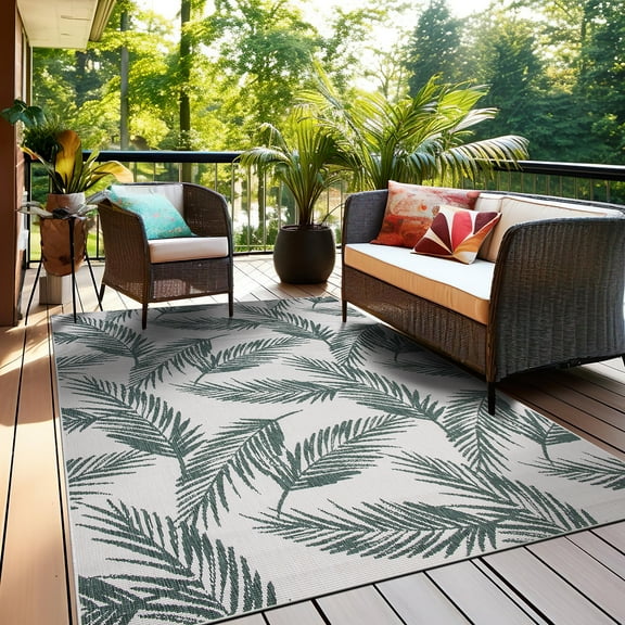 World Rug Gallery Nature Inspired Floral Leaves Reversible Indoor/Outdoor Area Rug - Green 5'x7'