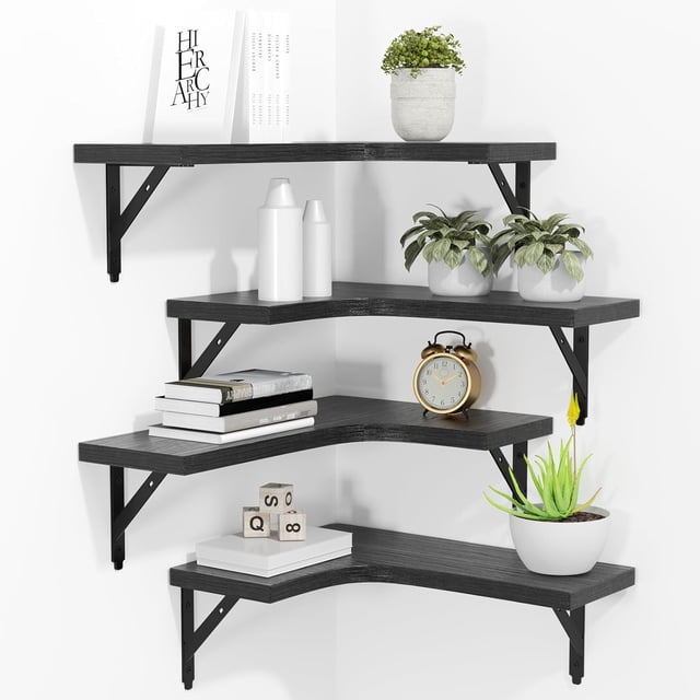 Juego de 4 estantes flotantes de esquina para montar en la pared, estantes de madera rústica para almacenamiento, decoración del hogar, baño, cocina, dormitorio, sala de estar, oficina (negro)