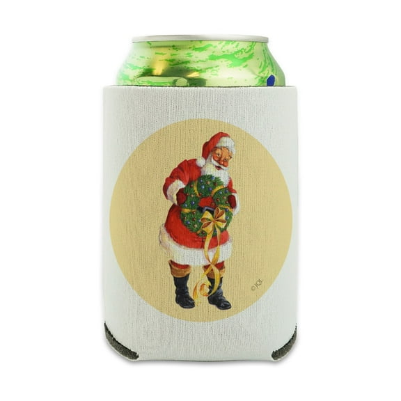 Christmas Holiday Santa Holding Wreath Can Cooler - Drink Sleeve Hugger Collapsible Insulator - Beverage Insulated Holder