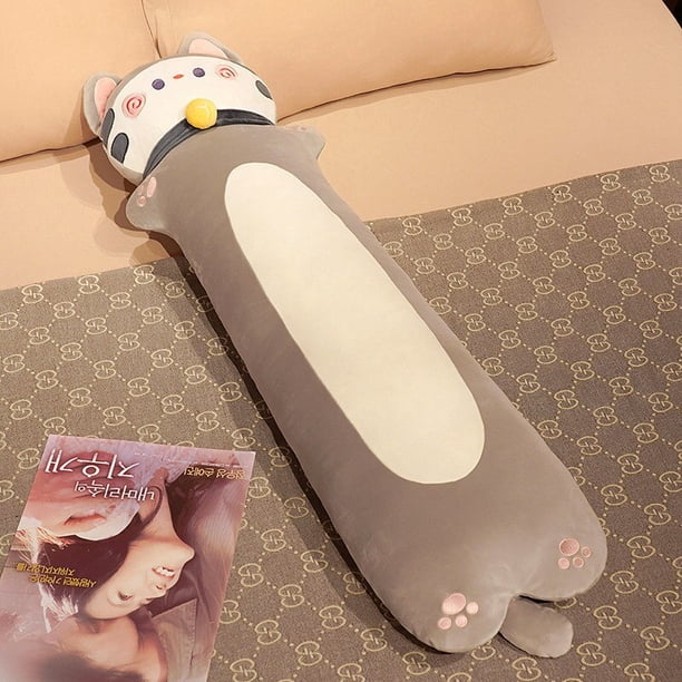 130CM Kawaii Cats Long Pillow Plush Toys Furry Animal Plushie Sleep Pillow Bell Cat Cushion Lovely Animal Doll for Girls Giftgray70cm Deng Xun unisex