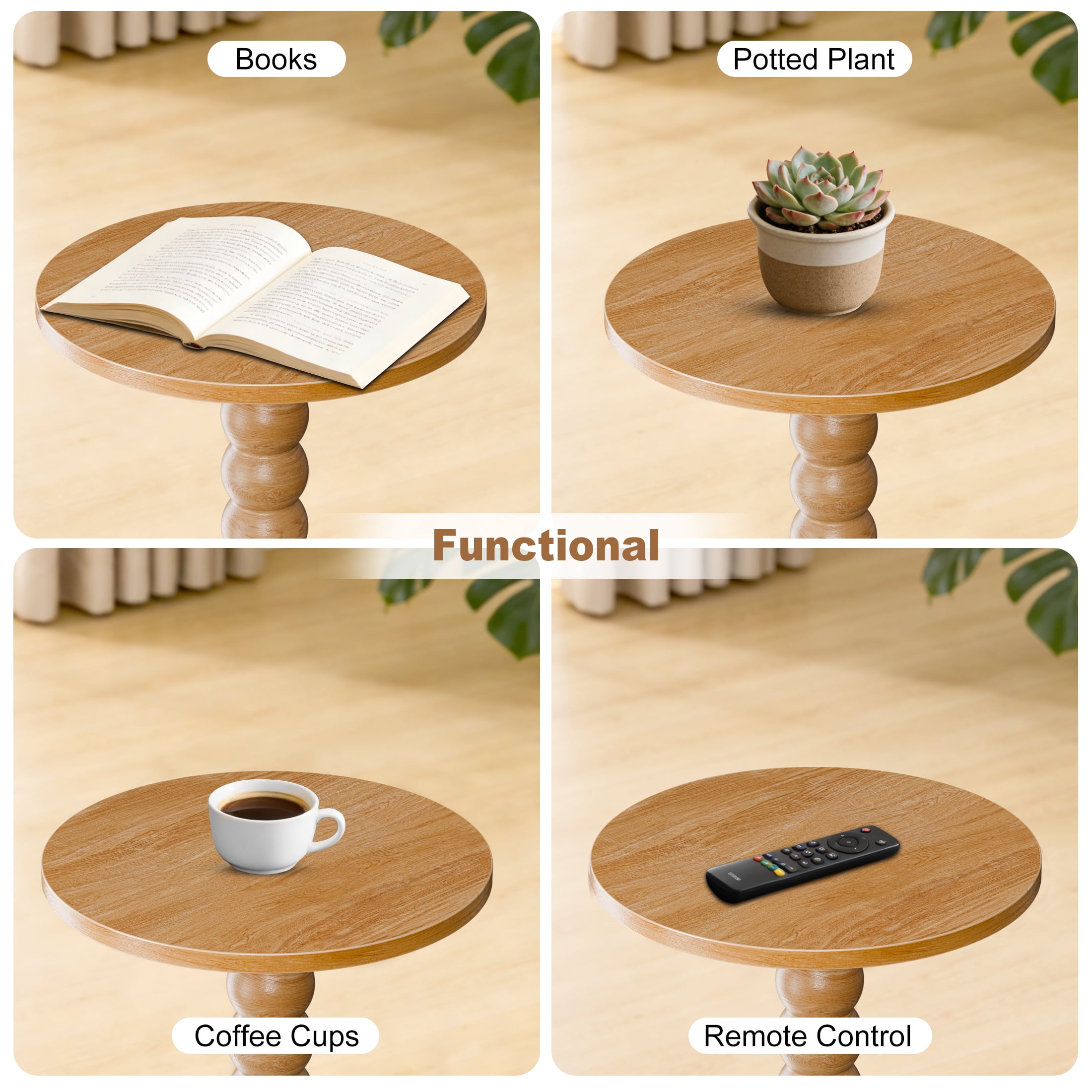 EDX Round Side Table - Solid Wood Leg Small Drink Table for Living Room Bedroom Office,Natural
