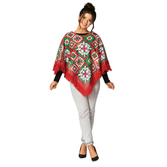 Rasta Imposta Red & Green Light-up Christmas Fringe Poncho Costume, Unisex, Adult One Size