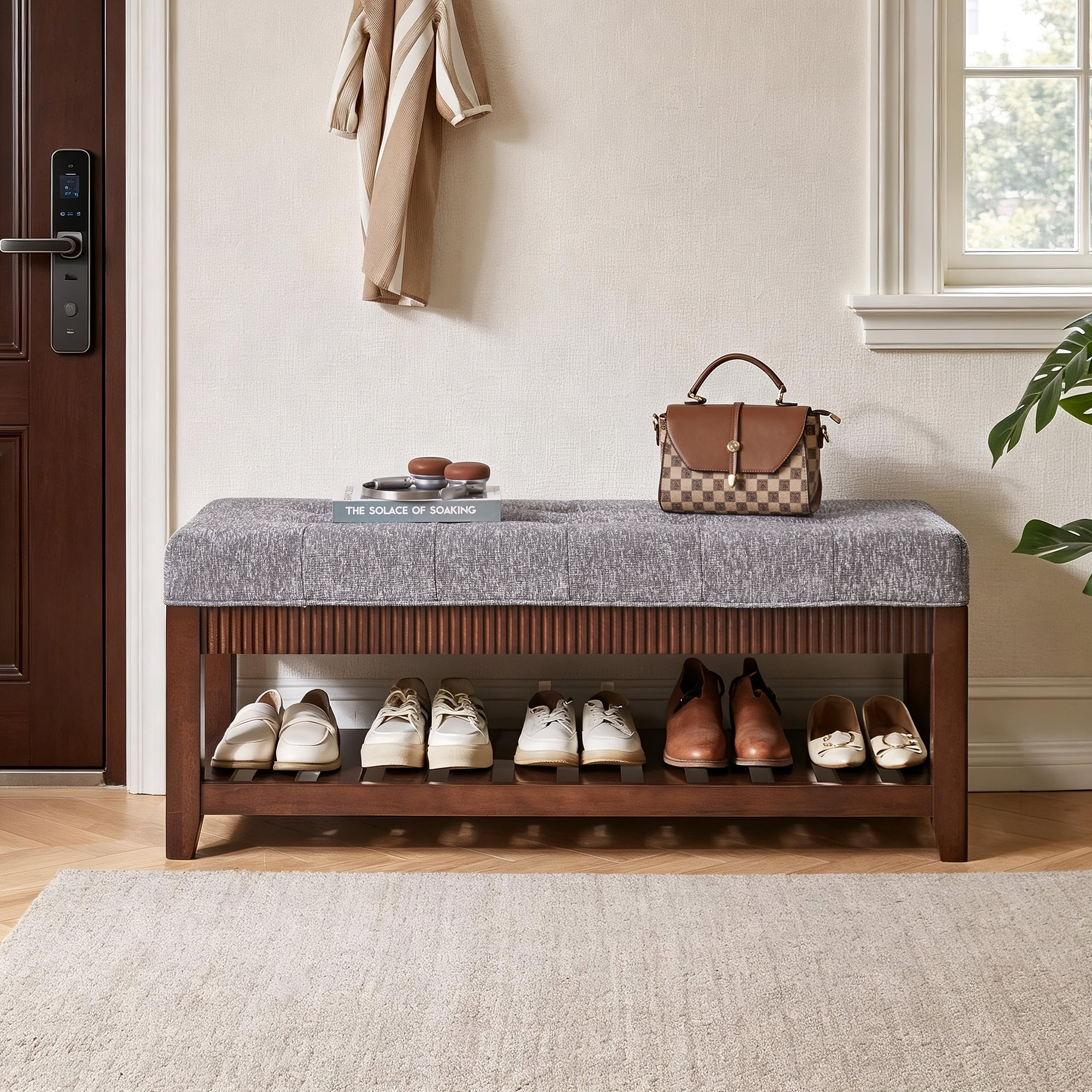 Garitin Entryway Bench and Solid Wood Shoe Bench 43.7 Inch, Upholstered Storage Bench with Padded Cushion and Lower Shoe Rack for Foyer, Gray