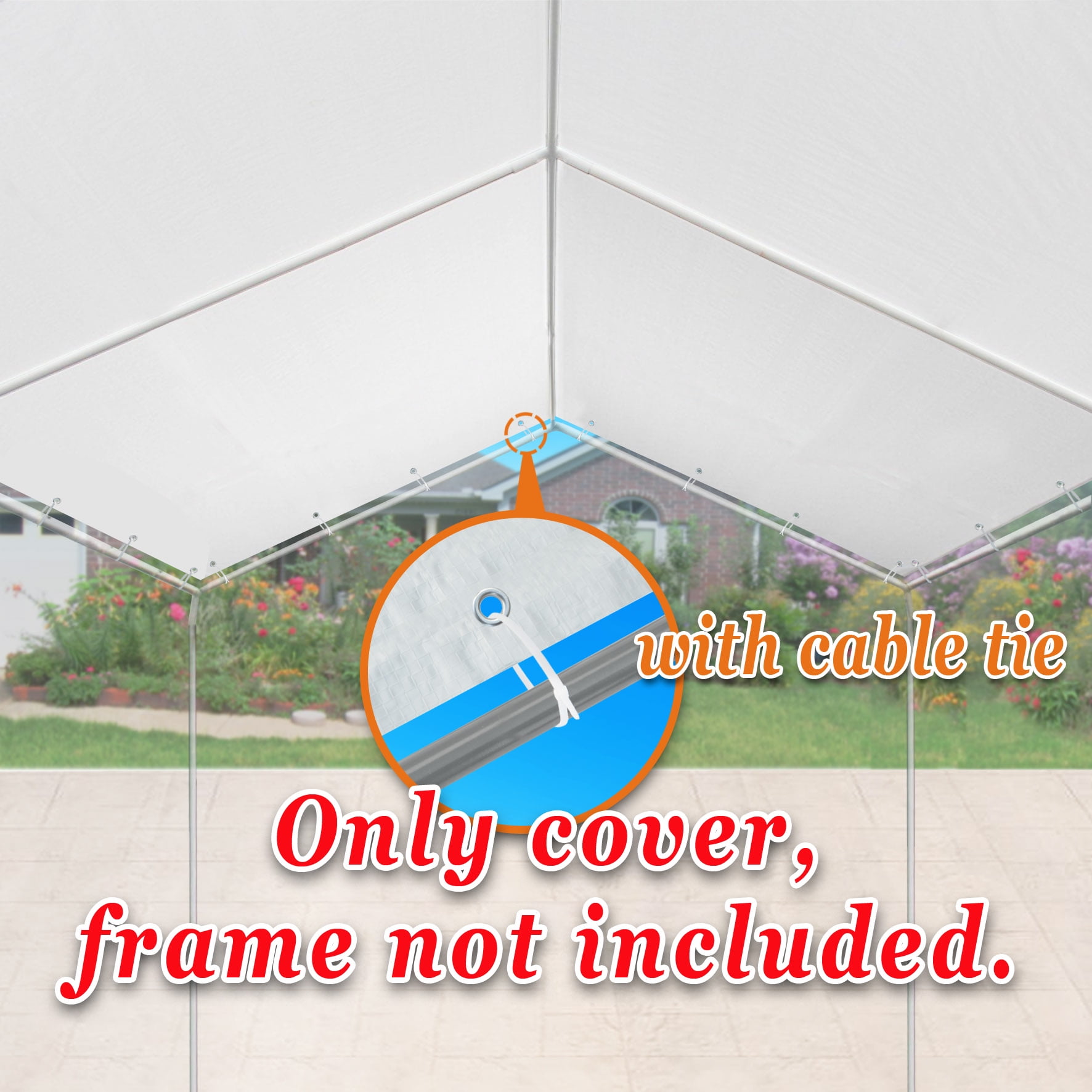 SUNNY 10'x20' Carport Replacement Canopy Cover for Outdoor Tent Garage Shelter, w/ Cable Ties (without edge)