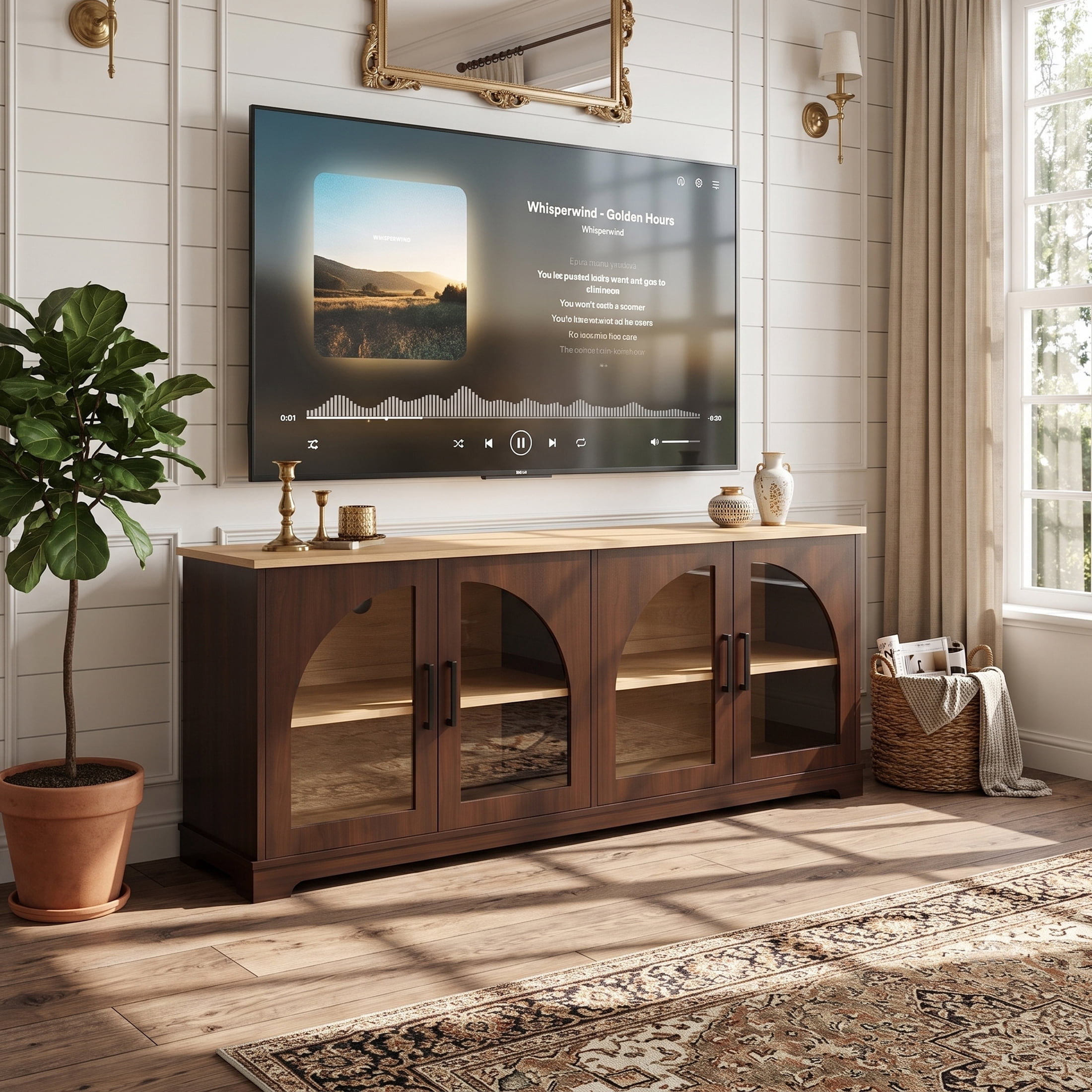 Homy Casa 67" TV Stand for TVs up to 70", Arched Glass Doors and Adjustable Shelves, Walnut