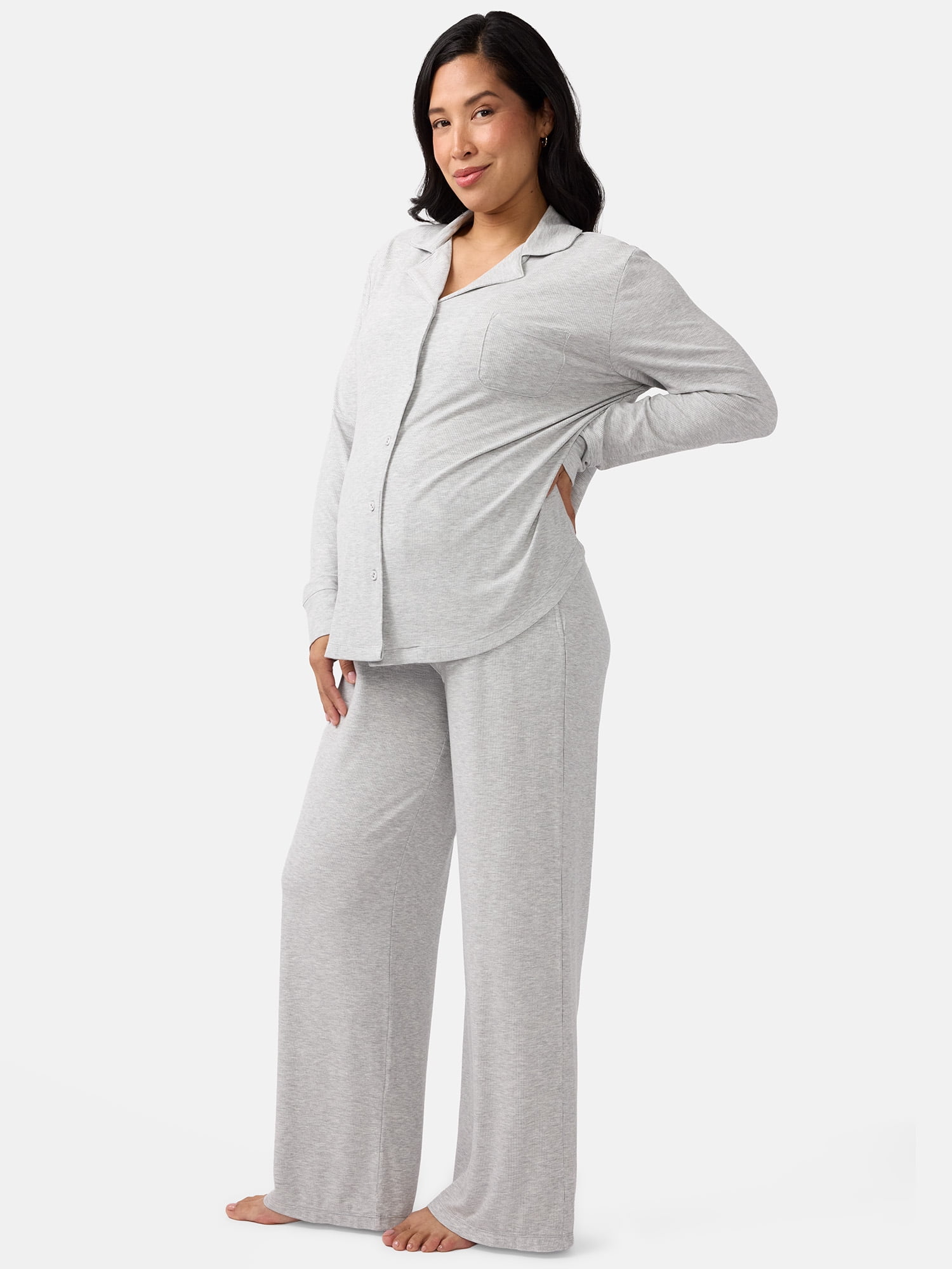 Ingrid & Isabel For Every Belly Women's Maternity Long Sleeve Button Down Shirt & Open Leg Pajama Set, Sizes S-XXXL